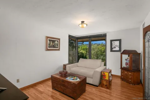 an aerial view of a house with a yard and a large tree