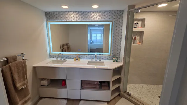 a bathroom with a sink a mirror and a shower