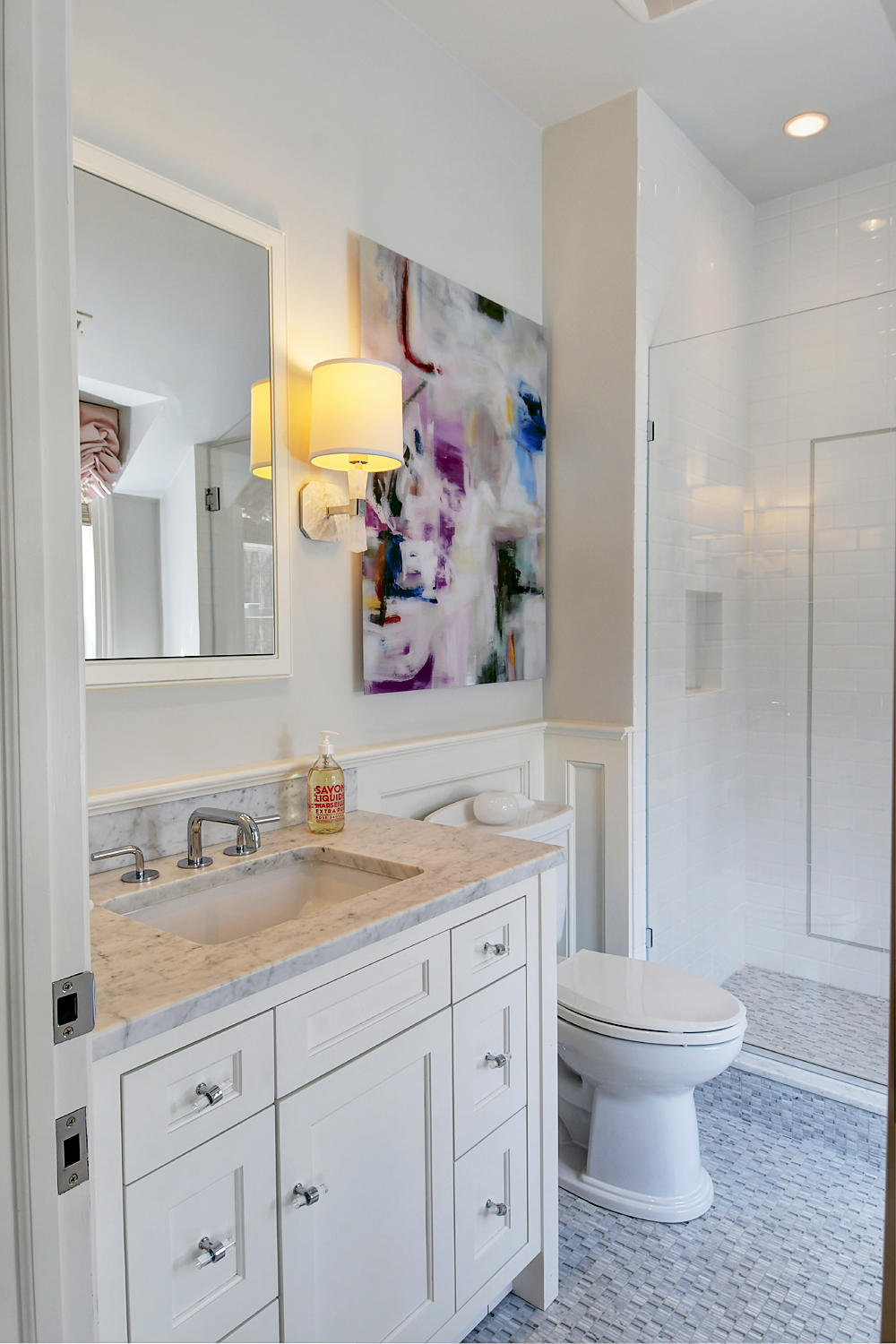 507 Silvermine Road New Canaan, CT 06840 - Photo 34 of 40 a bathroom with a granite countertop sink a toilet and a mirror