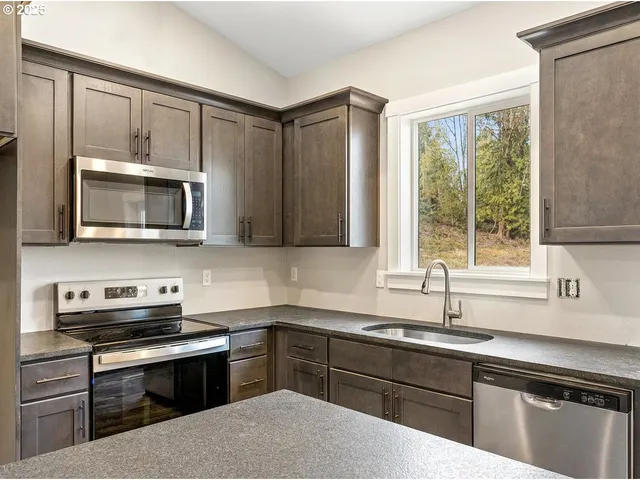 a kitchen with a sink and steel appliances
