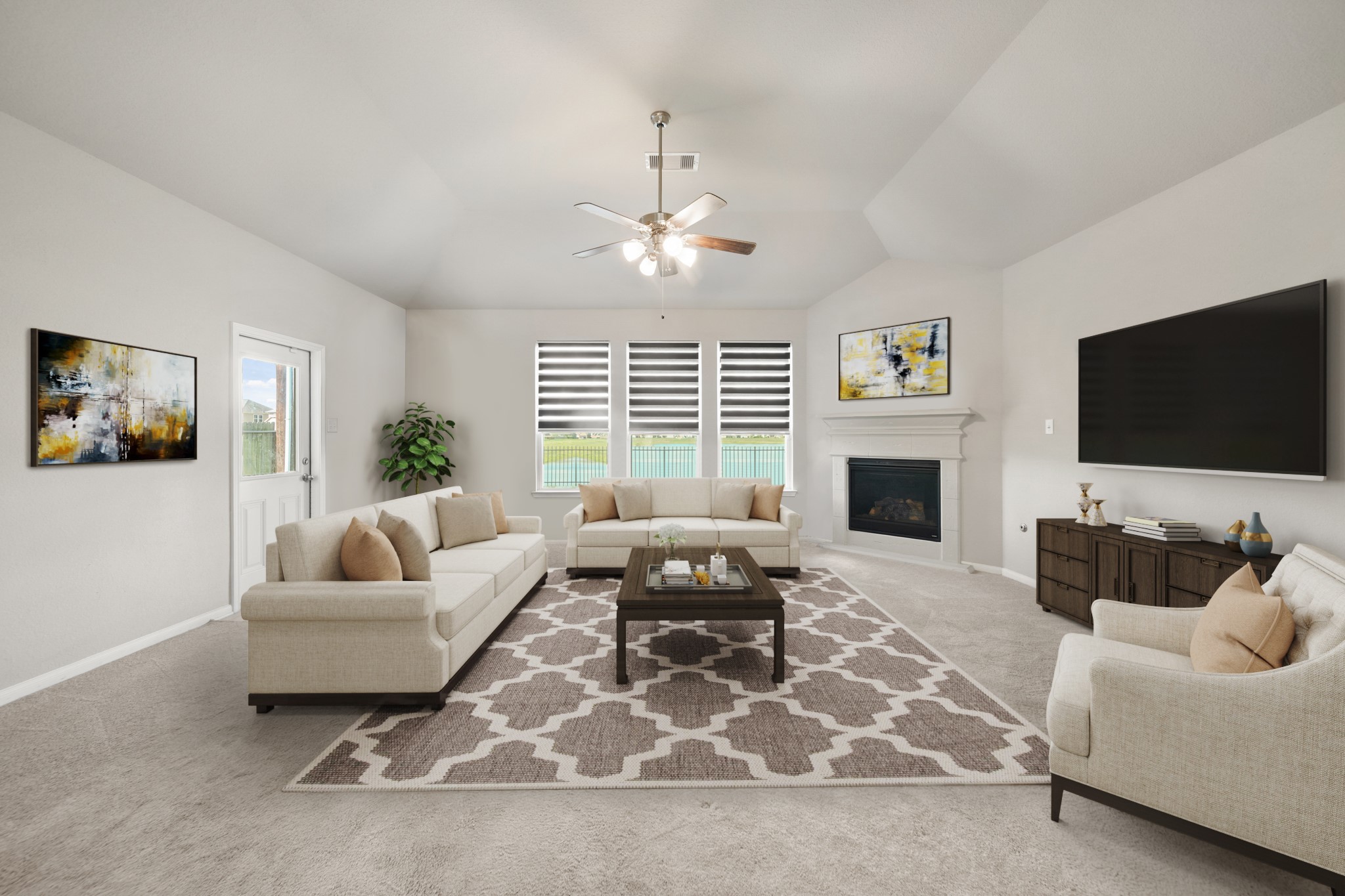 8802 Mallow Rose Way Rosharon, TX 77583 - Photo 12 of 29 Virtually Staged: This bright living room has carpet floors, a high vaulted ceiling with a ceiling fan, a gorgeous fireplace with mantle, and large windows with views into your backyard.
