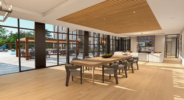 a outdoor dining space with furniture and a potted plant