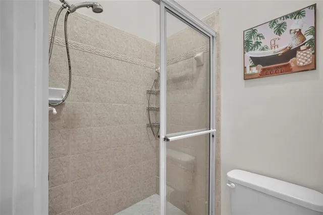 a bathroom with a shower and a toilet
