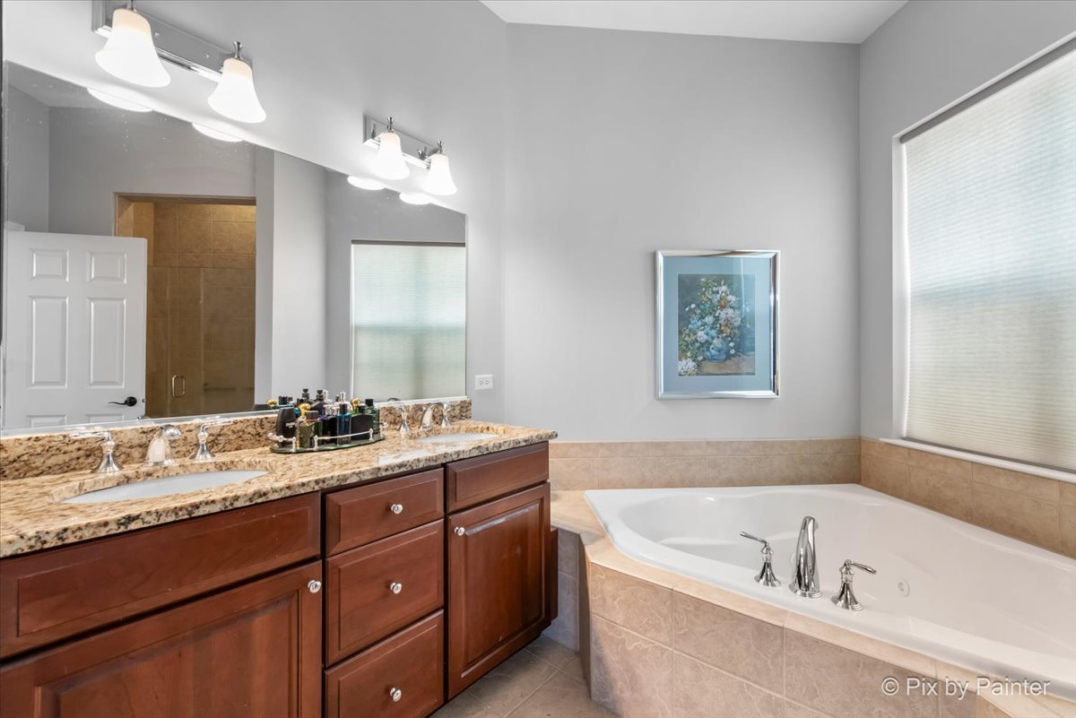 3879 Seigle Drive Elgin, IL 60124 - Photo 16 of 44 a bathroom with a tub a sink and mirror