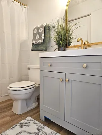 a bathroom with a toilet sink and vanity