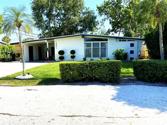 a view of a house with backyard and a tree