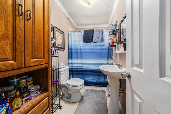 a bathroom with a toilet a sink and a shower curtain