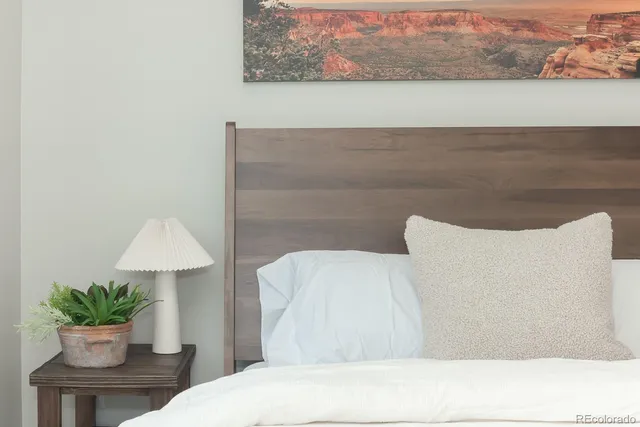 a living room with a couch and a potted plant