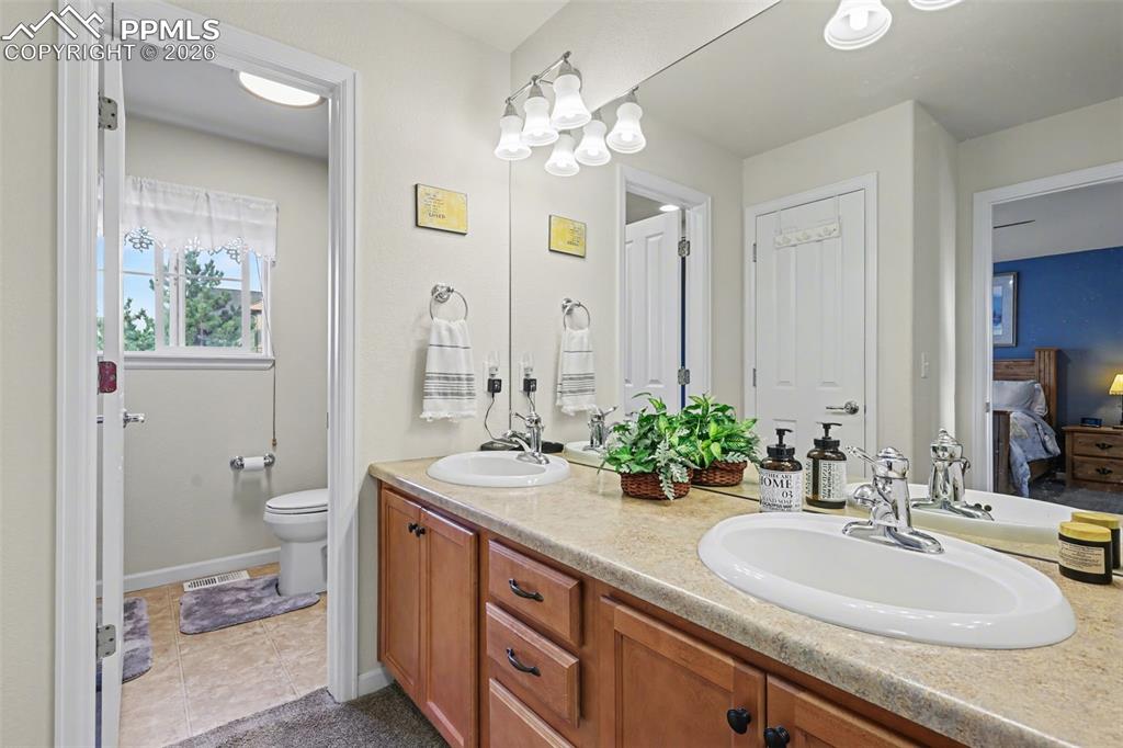 17063 Blue Mist Grove Monument, CO 80132 - Photo 16 of 33 a bathroom with a double vanity sink toilet and a mirror
