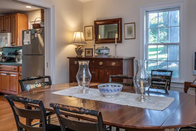a view of a dining room with furniture