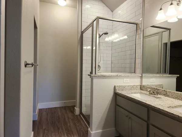 a bathroom with a granite countertop sink a mirror and a shower