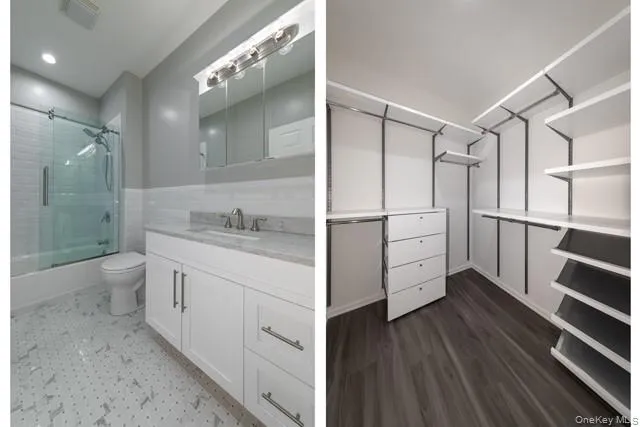 a bathroom with a granite countertop sink mirror and toilet