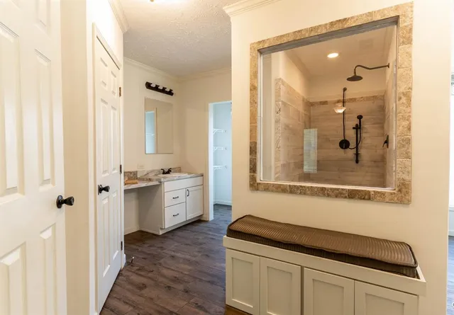 a bathroom with a sink a mirror and a shower