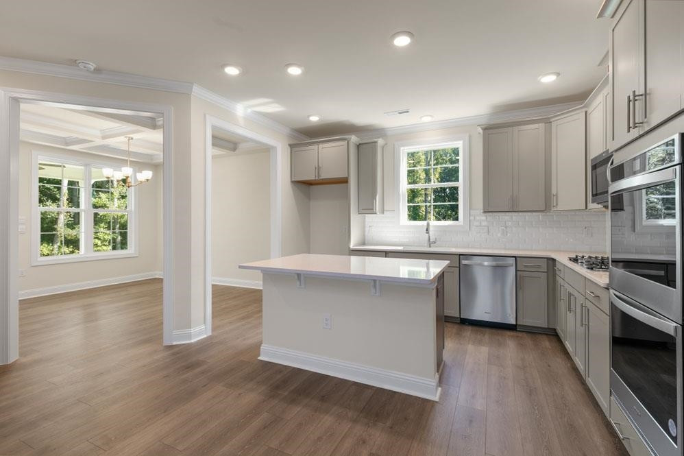 5129 Lizard Tail Lane Raleigh, NC 27603 - Photo 16 of 49 a large kitchen with stainless steel appliances granite countertop a stove a sink and a large refrigerator