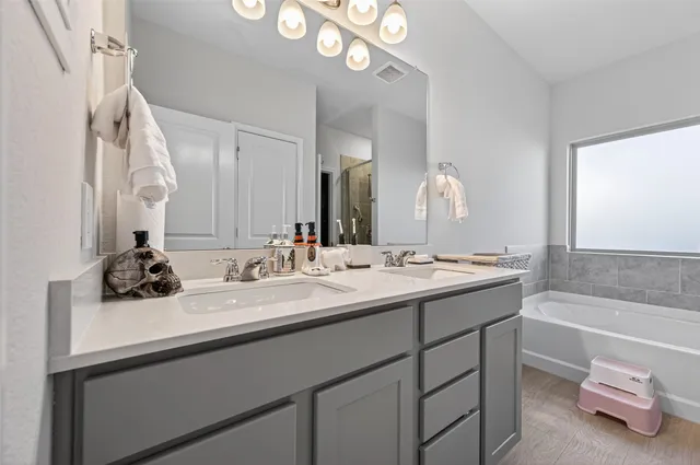 a bathroom with a sink and a mirror with bathtub