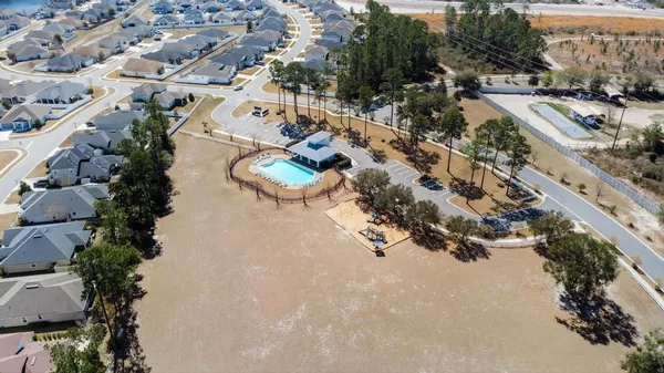 an aerial view of a swimming pool