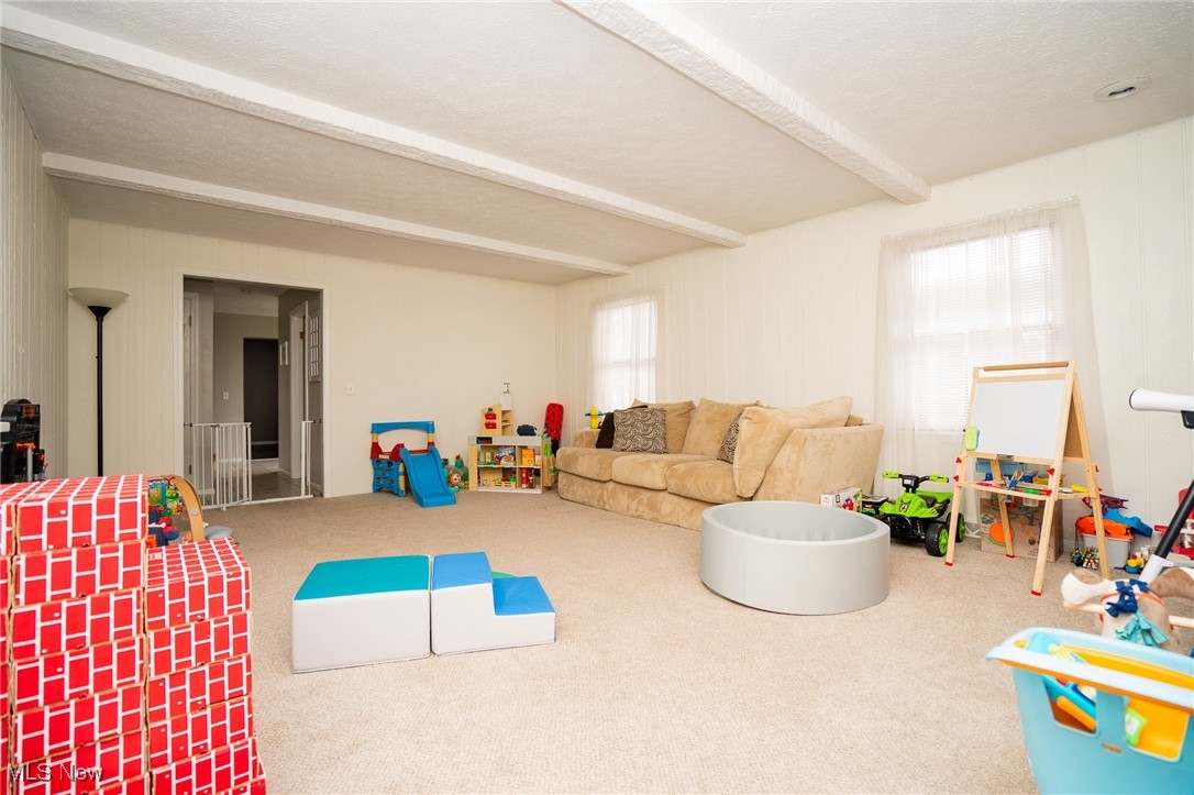 8651 King Graves Road Northeast Warren, OH 44484 - Photo 6 of 24 Recreation room with carpet and beam ceiling