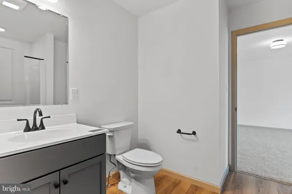 a bathroom with a sink toilet and mirror