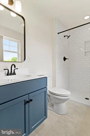 a bathroom with a sink a mirror a toilet and shower