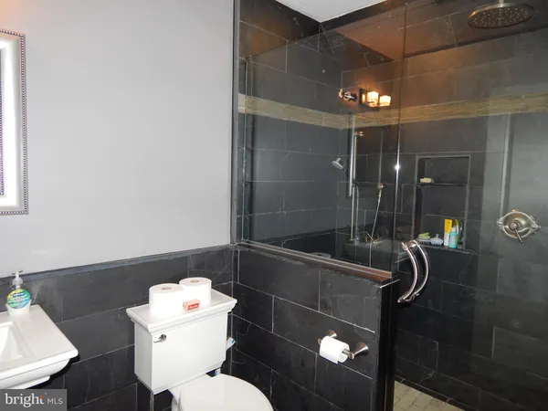 a bathroom with a toilet and a shower