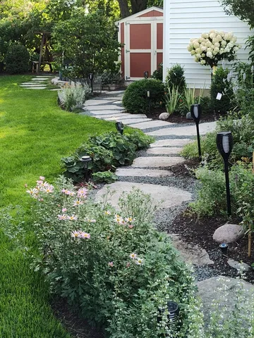 a view of a garden with potted plants
