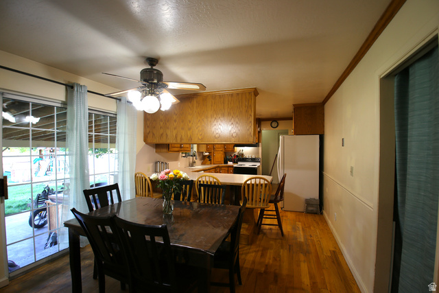 1612 East 450 South Springville, UT 84663 - Photo 15 of 48 Open-concept dining area featuring wood-finish flooring, a ceiling fan with integrated lighting, and crown molding