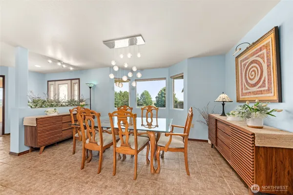 a view of a dining room with furniture