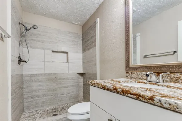 a bathroom with a granite countertop sink toilet and shower