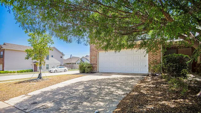 a view of a street with potted plants and large trees