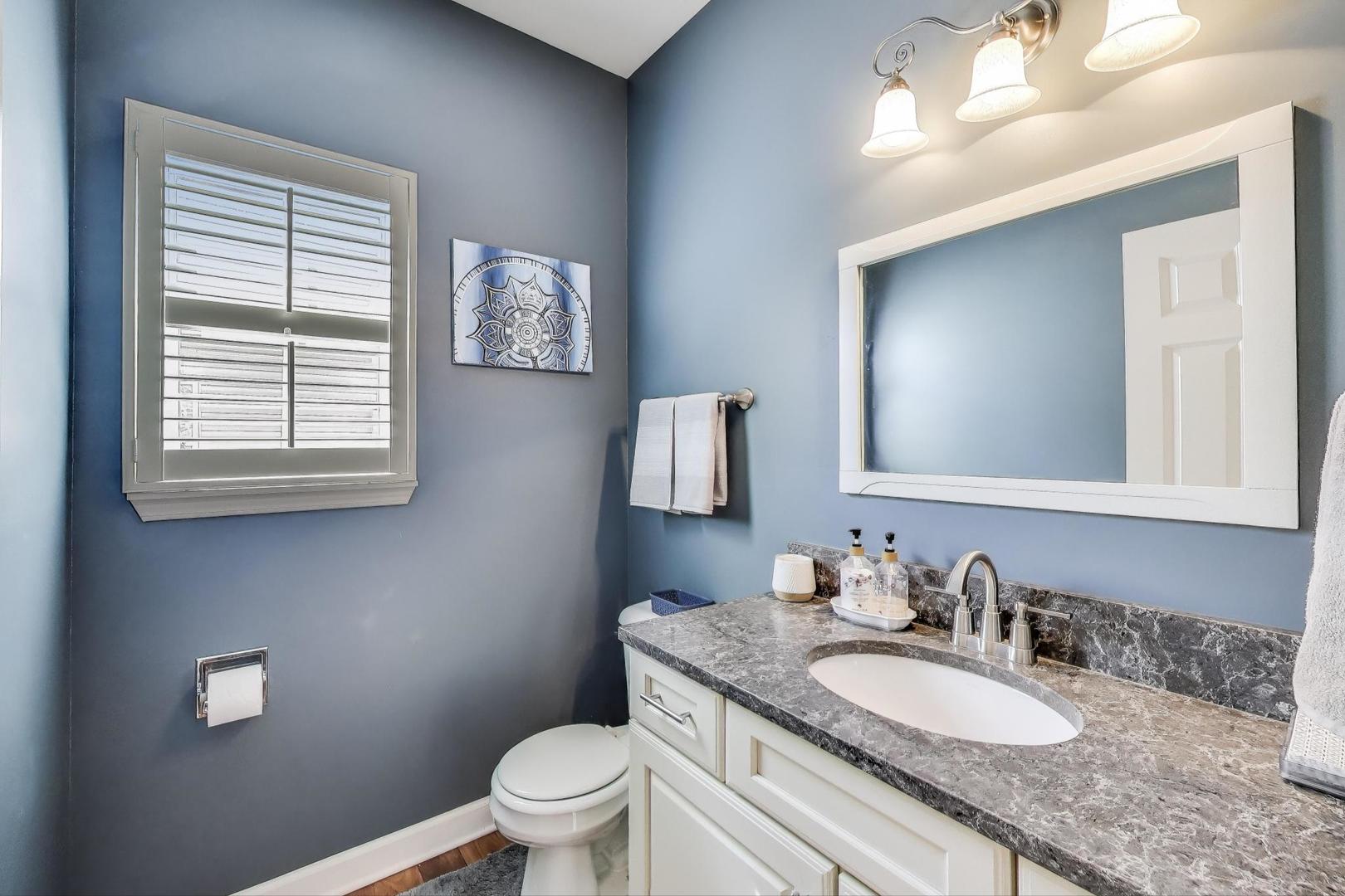 17119 West Prairieview Lane Gurnee, IL 60031 - Photo 14 of 40 a bathroom with a granite countertop toilet a sink and a mirror