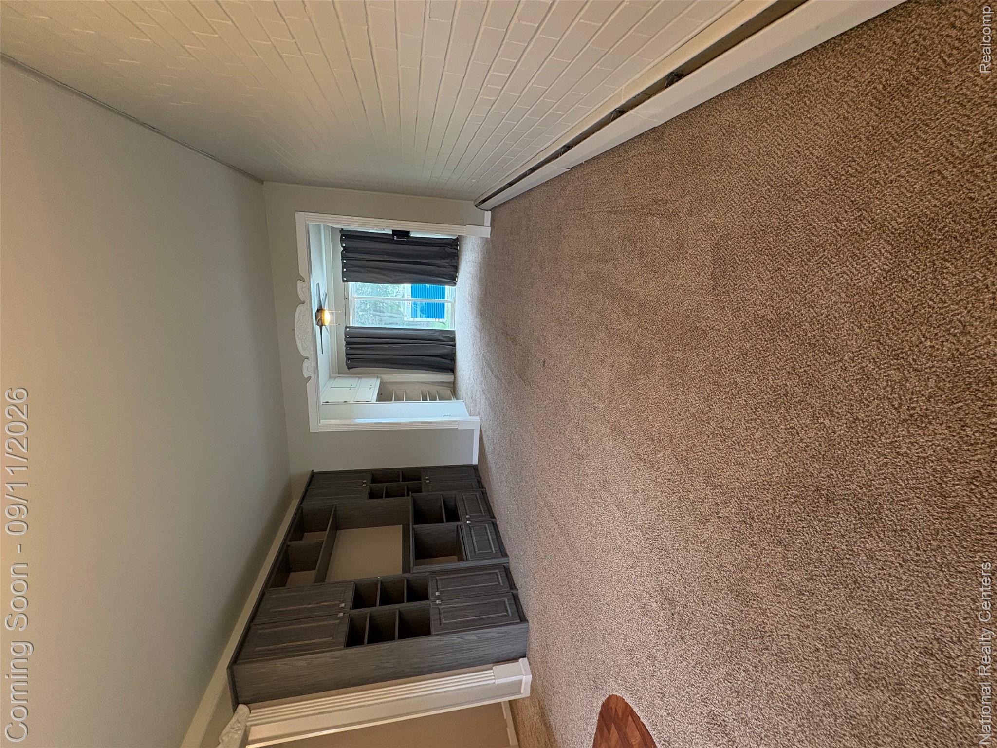 26945 Milford Road, Unit 3 New Hudson, MI 48165 - Photo 3 of 27 Built-in media center with shelving and cabinet storage, plush carpeting, painted brick accent wall, and ceiling fan