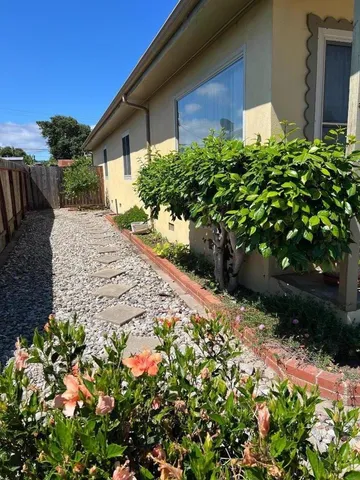 a front view of a house with a yard and flowers