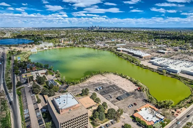 aerial view of a city with lawn chairs