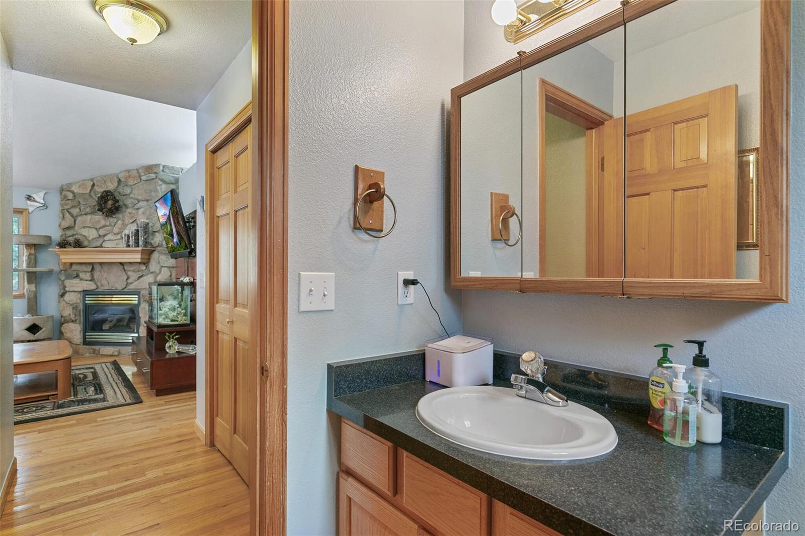 30 Bristlecone Circle Bailey, CO 80421 - Photo 16 of 35 a bathroom with a sink a vanity and a mirror
