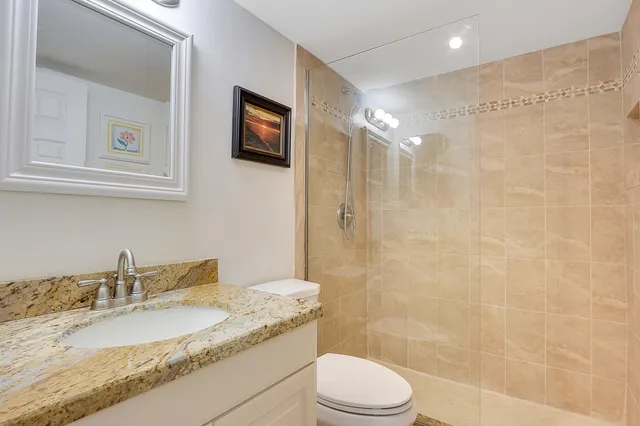 a bathroom with a granite countertop sink a toilet and shower