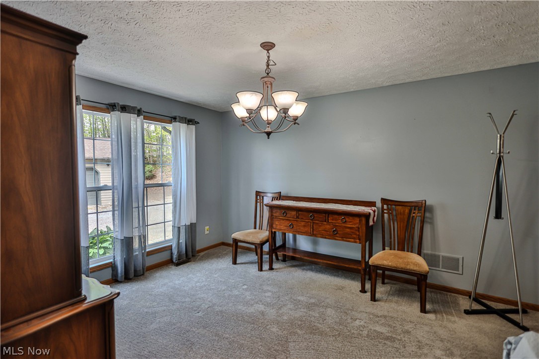 11154 Johnsford Road Southwest Beach City, OH 44608 - Photo 18 of 50 Carpeted room featuring light gray wall paint, multiple windows with grid panes, and a central chandelier with five frosted glass shades