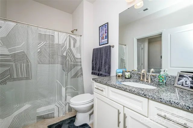 a bathroom with a granite countertop sink toilet and shower
