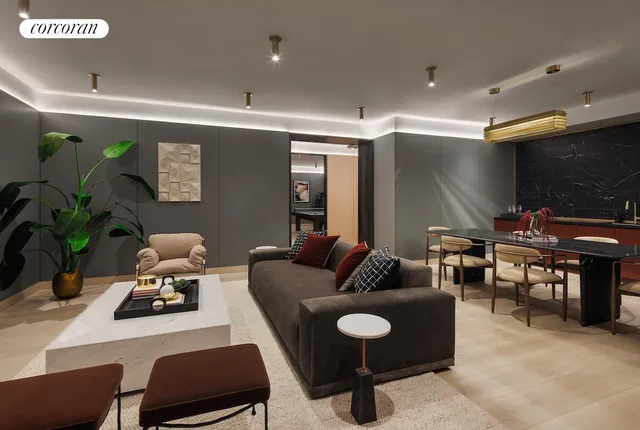 a living room with furniture floor to ceiling window and a flat screen tv