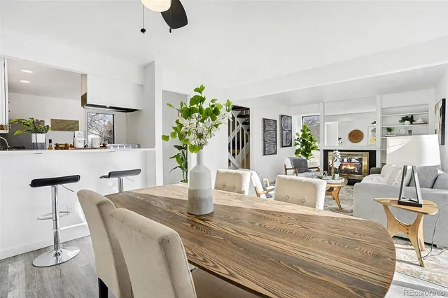 a view of a dining room with furniture