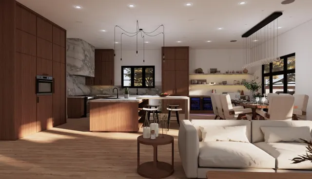 a living room with furniture kitchen and a table