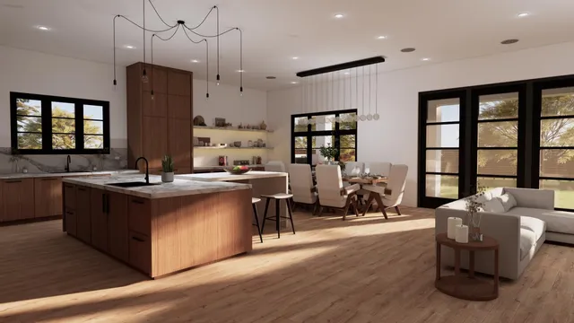 a large kitchen with stainless steel appliances a large counter top a stove and a sink