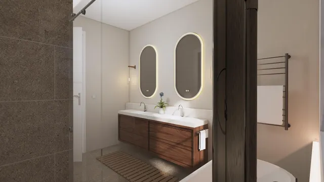 a bathroom with a mirror and a sink