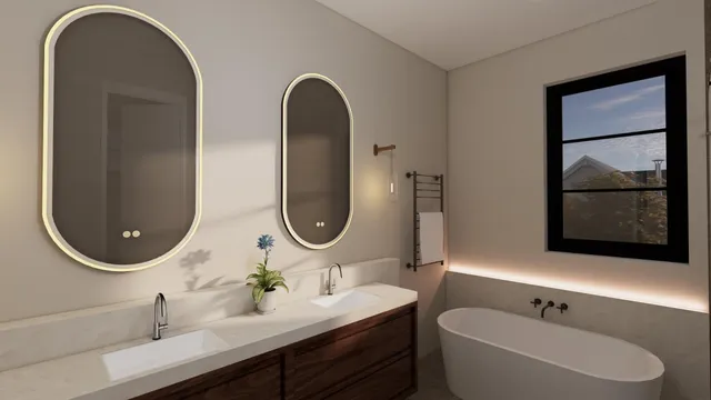 a bathroom with a double vanity sink and a mirror