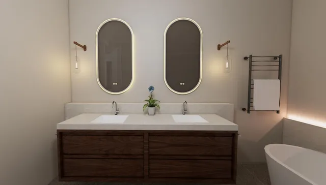 a bathroom with a double vanity sink and a mirror