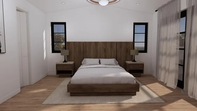 a bedroom with a bed and a table