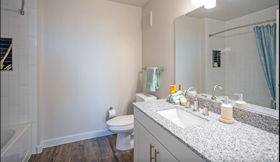 10010 North Capital Of Texas Highway Austin, TX 78759 - Photo 22 of 22 a bathroom with a granite countertop sink a toilet and a mirror