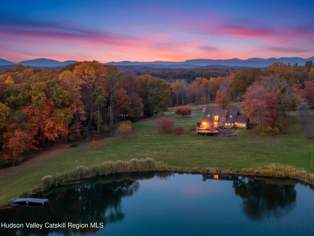 a view of a lake in middle of the town