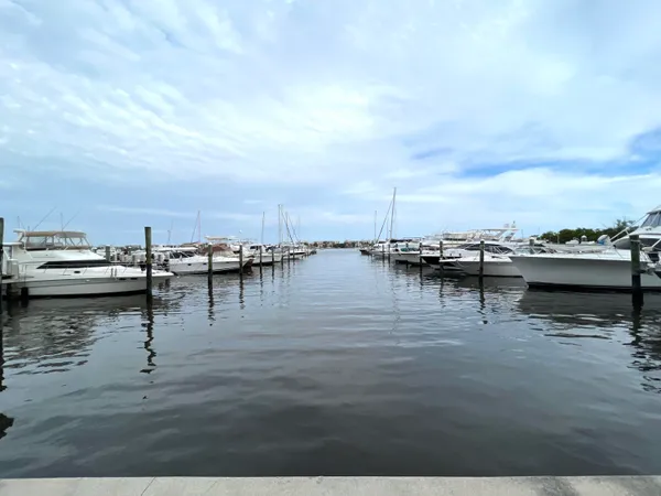 a view of water with boats and trees in the background