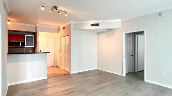 a view of a hallway with wooden floor and closet