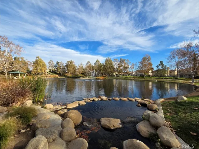 a view of a park with large trees